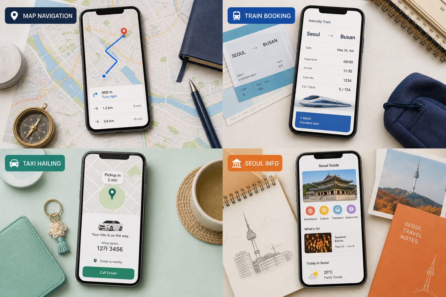 Original four-panel Korea travel app guide showing map navigation, train booking, taxi hailing and Seoul information
