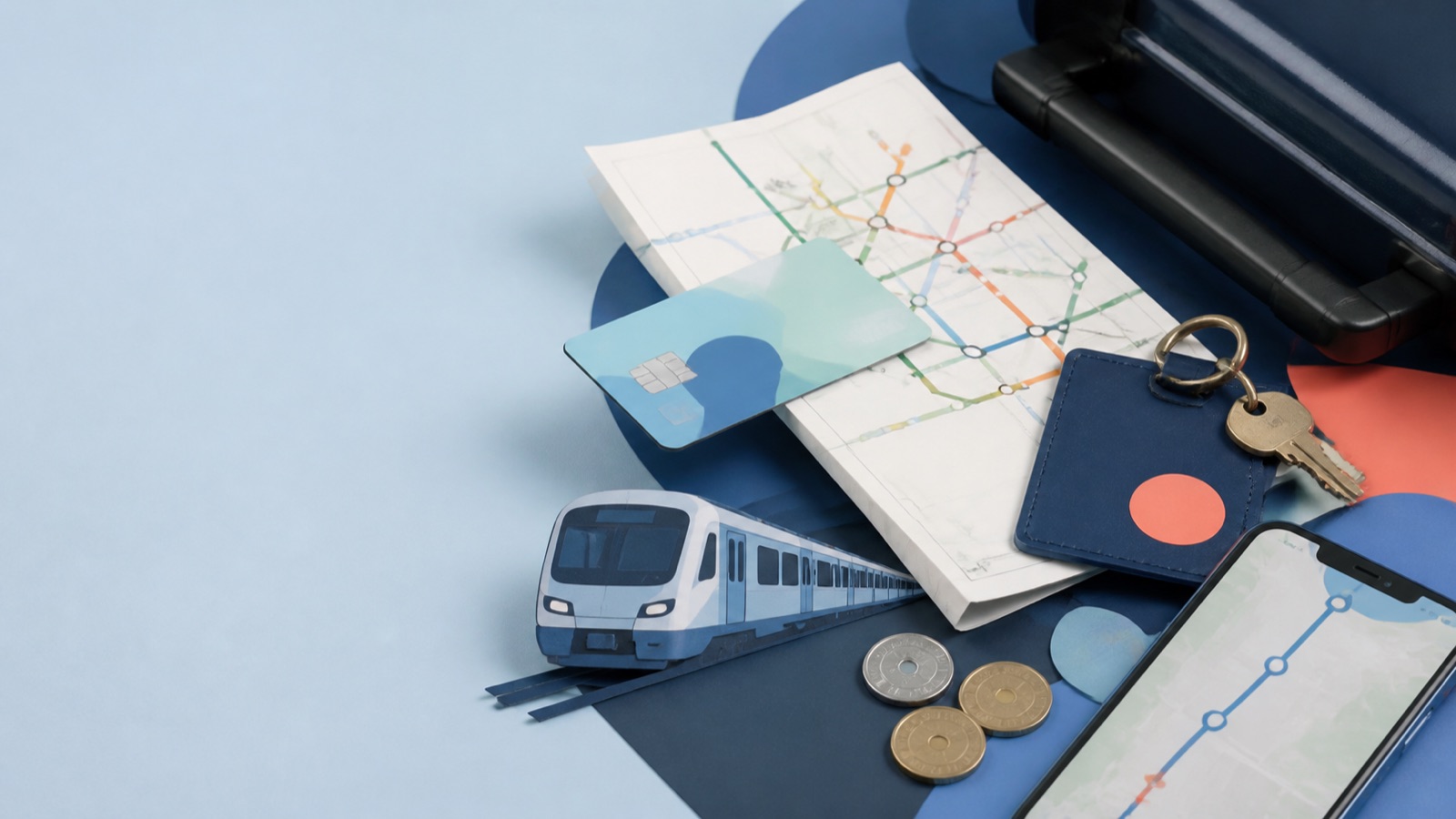 An original travel-planning still life with a transit map, train, phone, hotel key and travel money