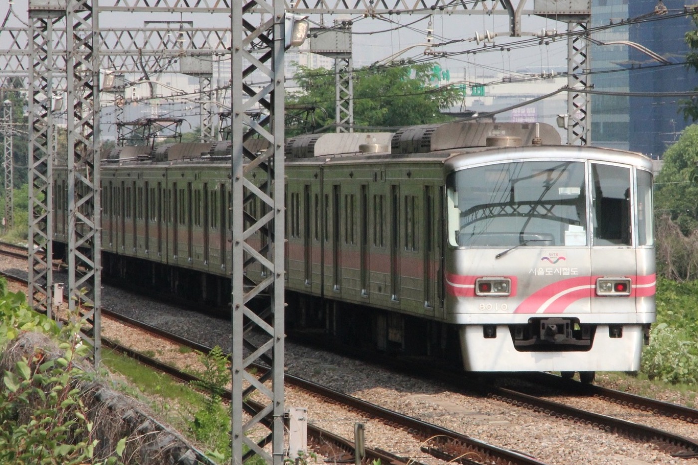 A Seoul Metro train travelling above ground